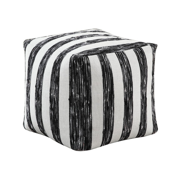 Modern Pouf Ottoman, Black White Wide Striped Jacquard, 16 Inch Square -BM336176