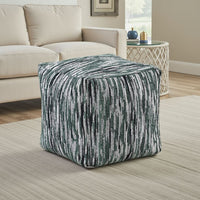 Modern Pouf Ottoman, Green White Curved Striped Jacquard, 16in Square -BM336177