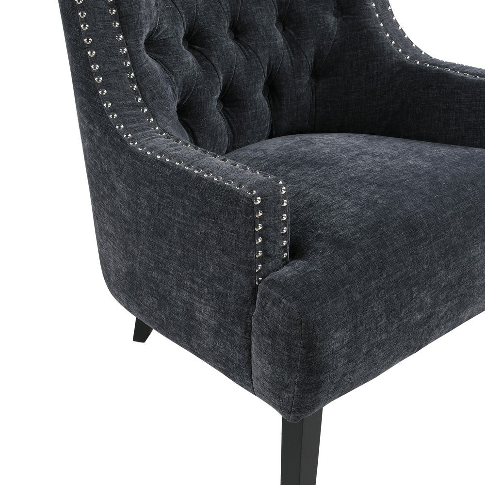 Daisie Accent Armchair, Button Tufted Black Chenille, Solid Wood  -BM336191