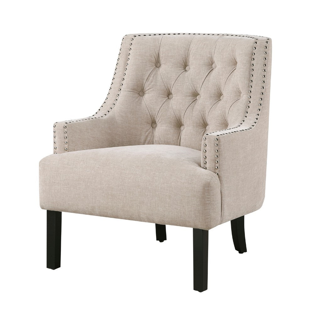 Daisie Accent Armchair, Button Tufted Beige Chenille, Solid Wood -BM336192