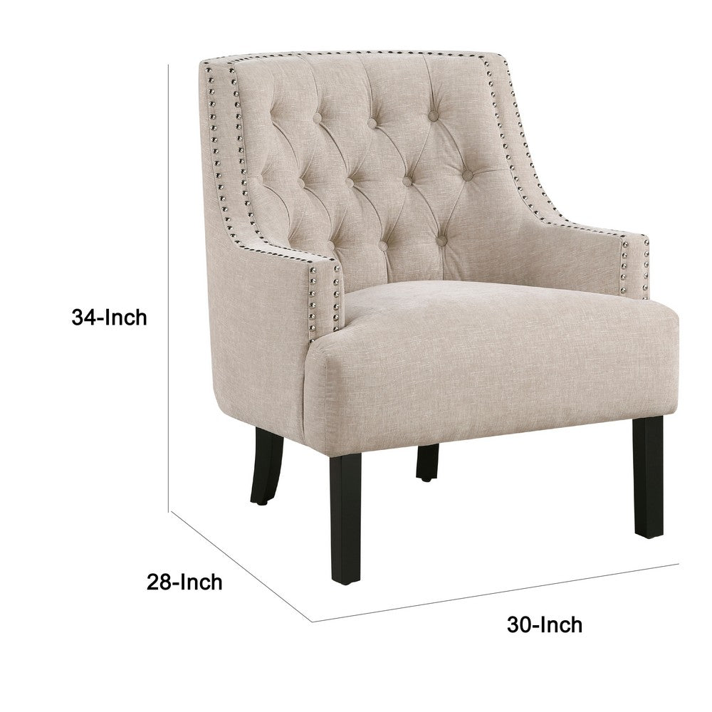 Daisie Accent Armchair, Button Tufted Beige Chenille, Solid Wood -BM336192