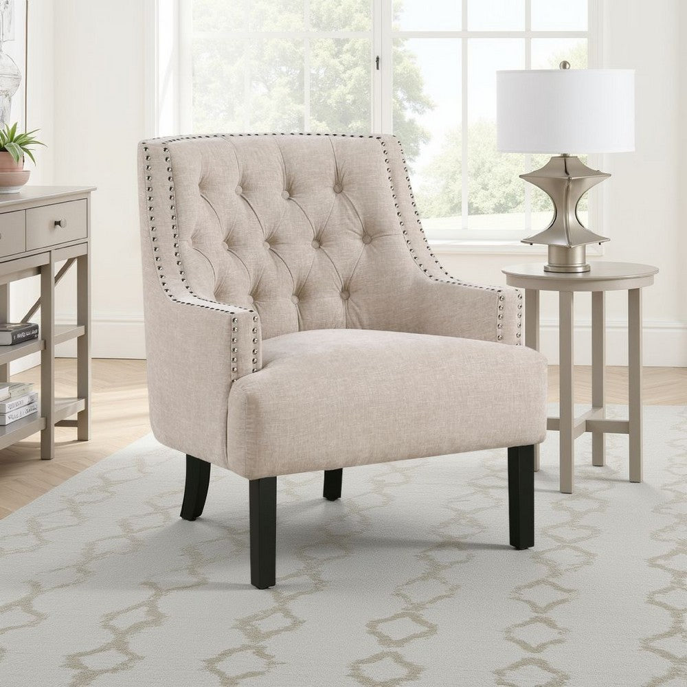 Daisie Accent Armchair, Button Tufted Beige Chenille, Solid Wood -BM336192