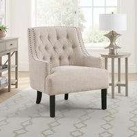 Daisie Accent Armchair, Button Tufted Beige Chenille, Solid Wood -BM336192