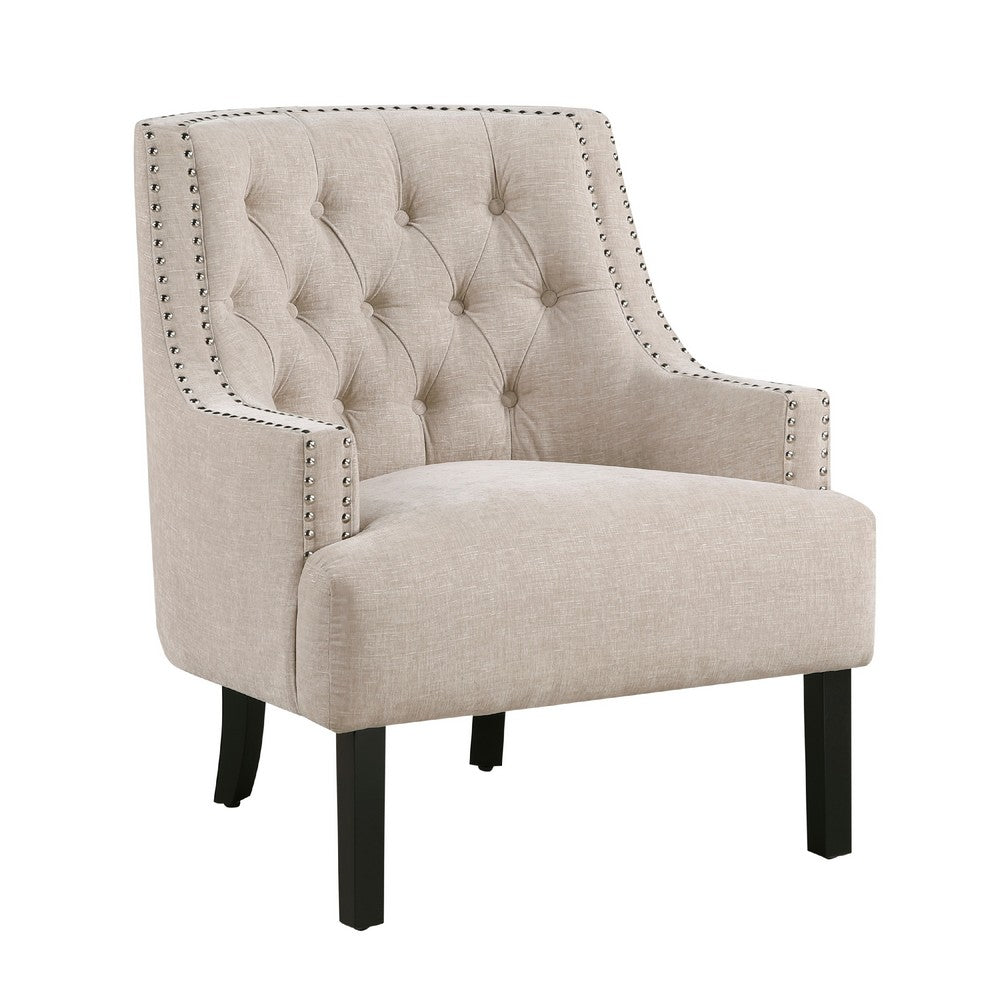 Daisie Accent Armchair, Button Tufted Beige Chenille, Solid Wood -BM336192