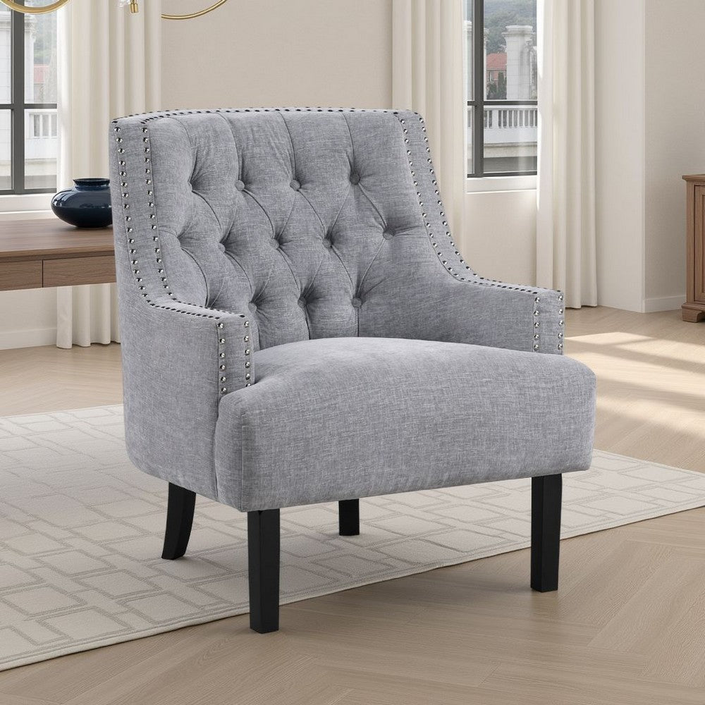 Daisie Accent Armchair, Button Tufted Gray Chenille, Solid Wood -BM336193