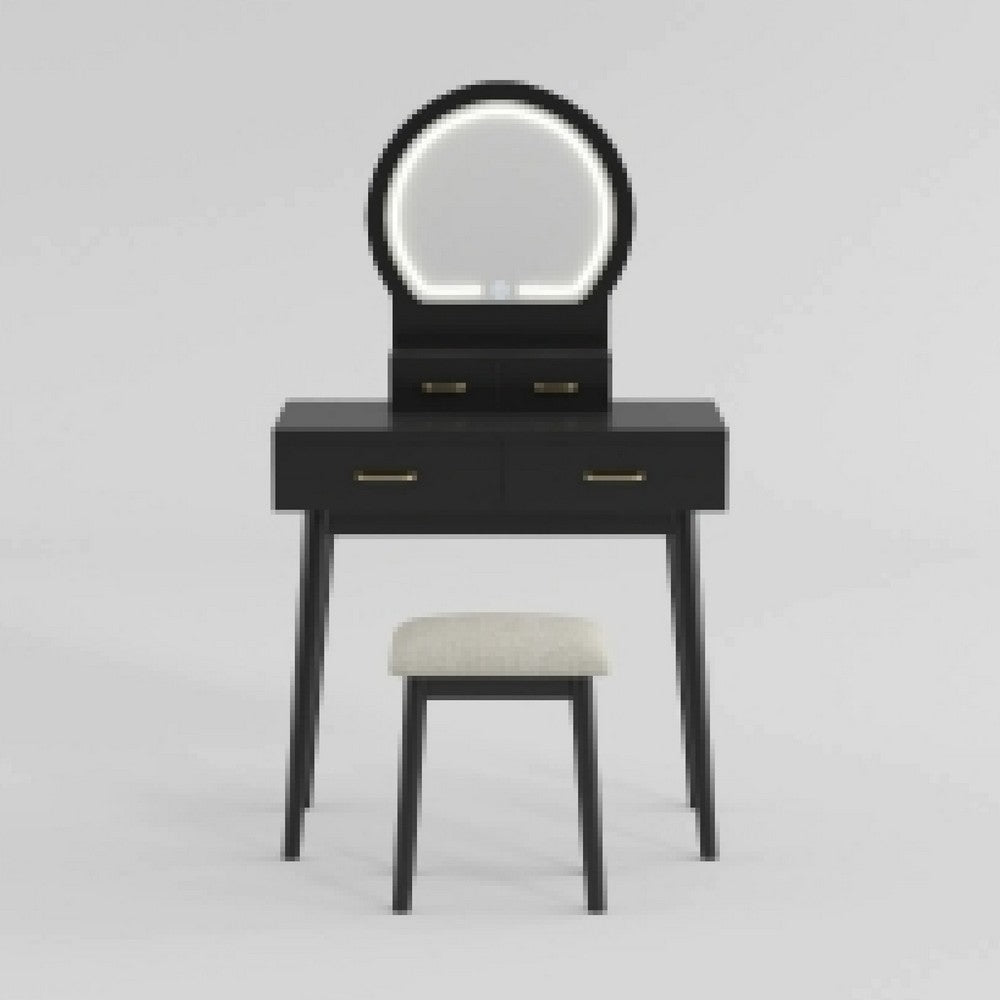 Anvy Vanity Desk Set with Mirror and Stool, 4 Drawers, Black Wood -BM336209