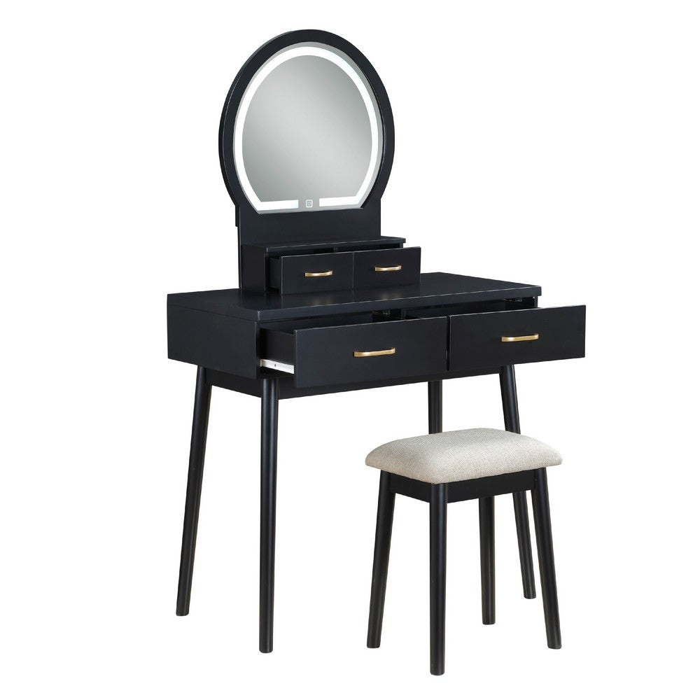 Anvy Vanity Desk Set with Mirror and Stool, 4 Drawers, Black Wood -BM336209