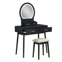 Anvy Vanity Desk Set with Mirror and Stool, 4 Drawers, Black Wood -BM336209