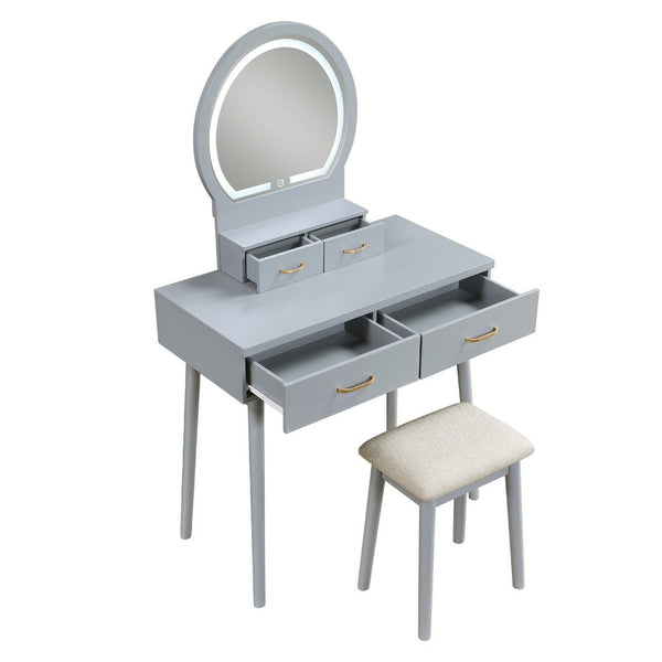 Anvy Vanity Desk Set with Mirror and Stool, 4 Drawers, Gray Wood -BM336210