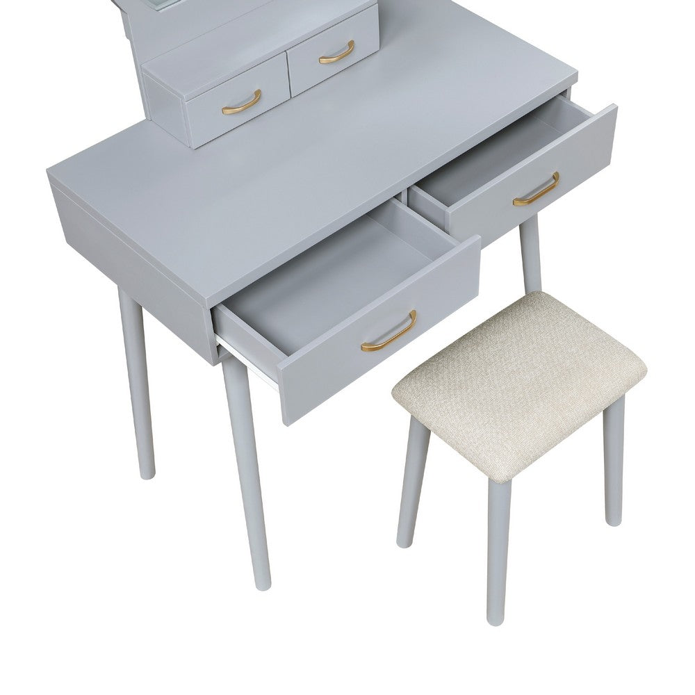 Anvy Vanity Desk Set with Mirror and Stool, 4 Drawers, Gray Wood -BM336210