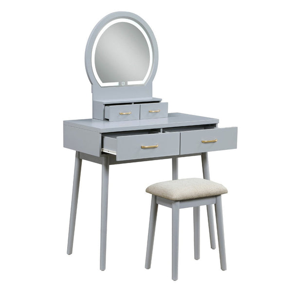 Anvy Vanity Desk Set with Mirror and Stool, 4 Drawers, Gray Wood -BM336210