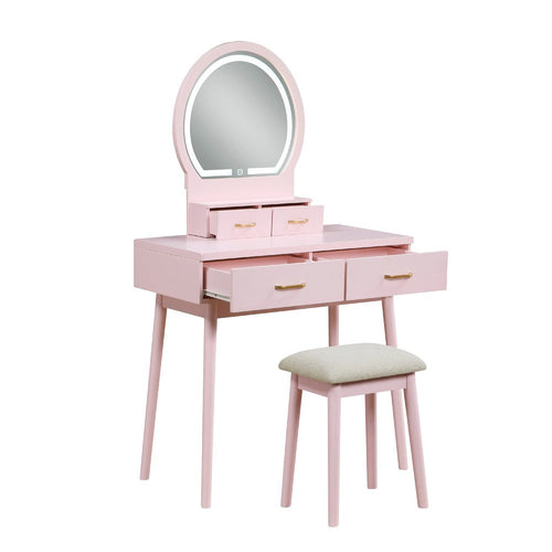 Anvy Vanity Desk Set with Mirror and Stool, 4 Drawers, Pink Wood -BM336211