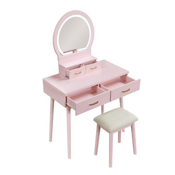 Anvy Vanity Desk Set with Mirror and Stool, 4 Drawers, Pink Wood -BM336211
