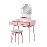 Anvy Vanity Desk Set with Mirror and Stool, 4 Drawers, Pink Wood -BM336211
