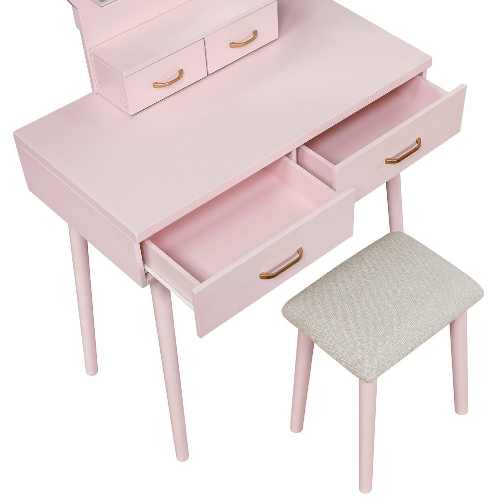 Anvy Vanity Desk Set with Mirror and Stool, 4 Drawers, Pink Wood -BM336211
