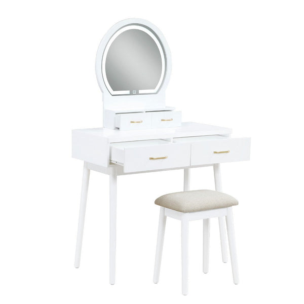 Anvy Vanity Desk Set with Mirror and Stool, 4 Drawers, White Wood -BM336212