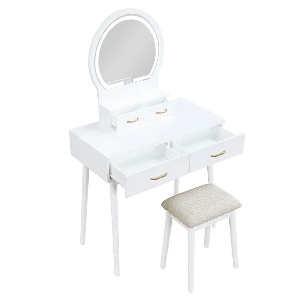 Anvy Vanity Desk Set with Mirror and Stool, 4 Drawers, White Wood -BM336212