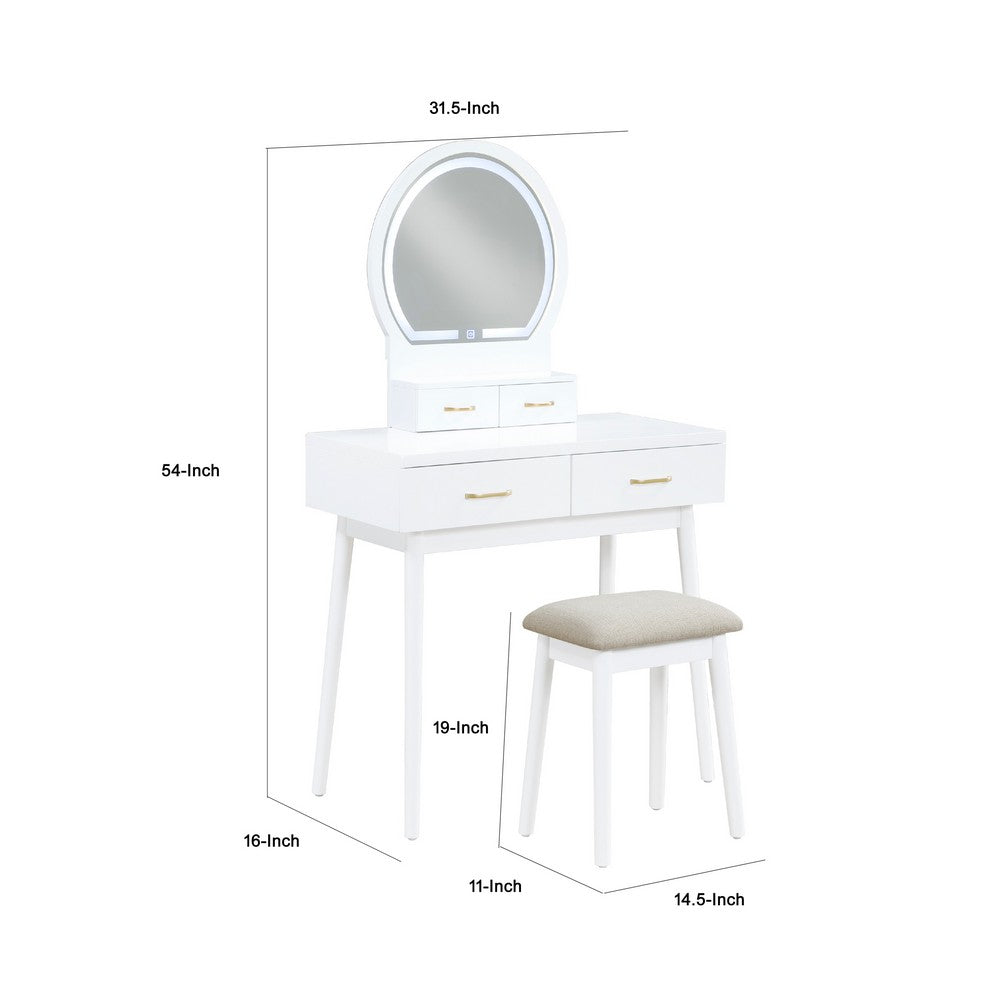 Anvy Vanity Desk Set with Mirror and Stool, 4 Drawers, White Wood -BM336212