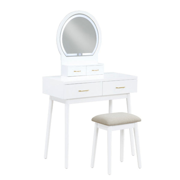 Anvy Vanity Desk Set with Mirror and Stool, 4 Drawers, White Wood -BM336212