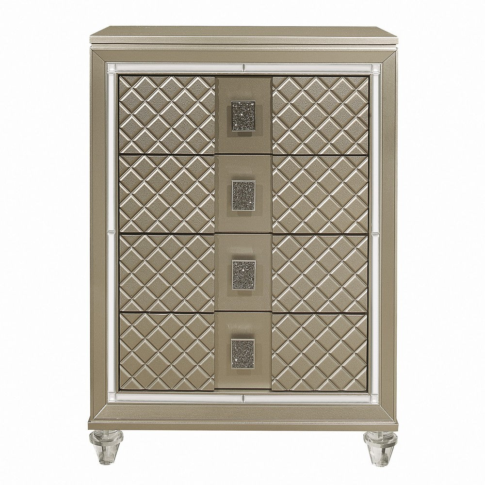 Benzara Loy Tall Dresser Chest, 4 Drawers Champagne Gold Metallic, Mirror Trim -|BM336215 Benzara.com Benzara Loy Tall Dresser Chest, 4 Drawers Champagne Gold Metallic, Mirror Trim -|BM336215 Benzara.com