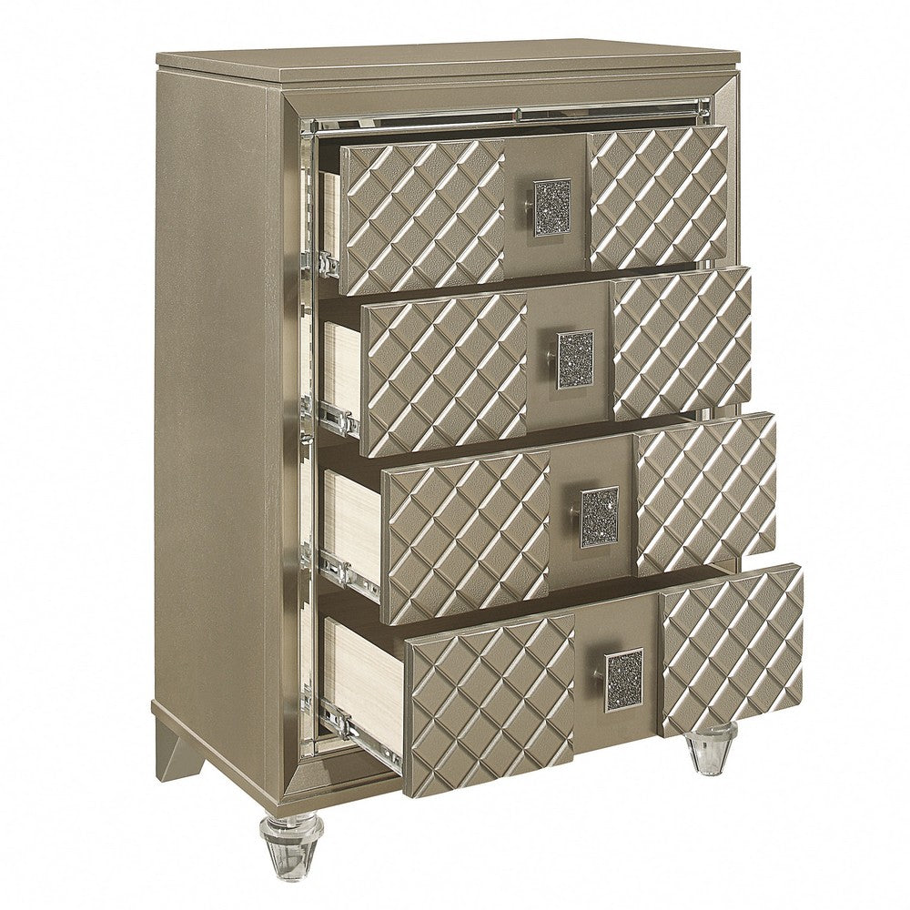 Loy Tall Dresser Chest, 4 Drawers Champagne Gold Metallic, Mirror Trim -BM336215