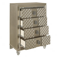 Loy Tall Dresser Chest, 4 Drawers Champagne Gold Metallic, Mirror Trim -BM336215