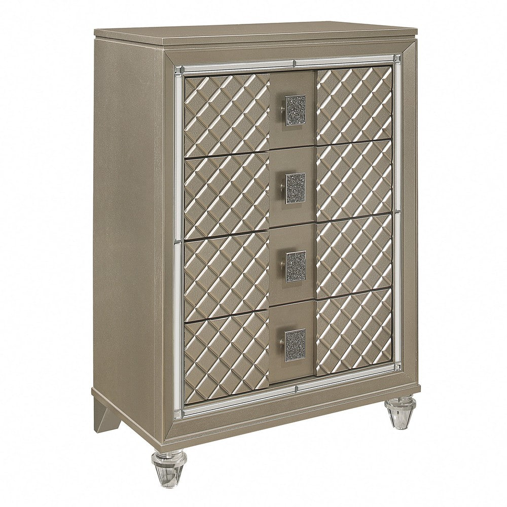 Benzara Loy Tall Dresser Chest, 4 Drawers Champagne Gold Metallic, Mirror Trim -|BM336215 Benzara.com Benzara Loy Tall Dresser Chest, 4 Drawers Champagne Gold Metallic, Mirror Trim -|BM336215 Benzara.com