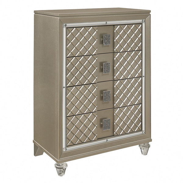 Loy Tall Dresser Chest, 4 Drawers Champagne Gold Metallic, Mirror Trim -BM336215
