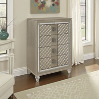 Loy Tall Dresser Chest, 4 Drawers Champagne Gold Metallic, Mirror Trim -BM336215