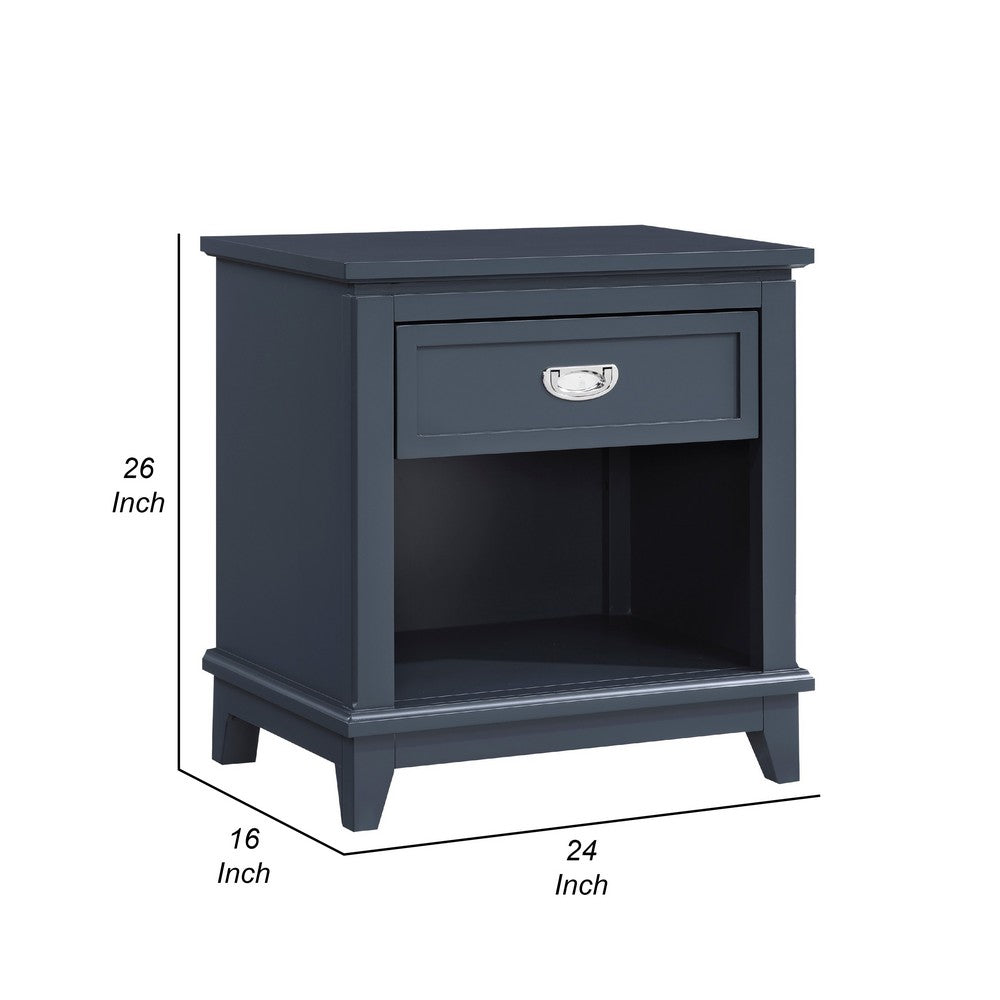 Sely Nightstand, 1 Drawer w Open Cubby, Navy Blue Wood, Ring Handle -BM336216