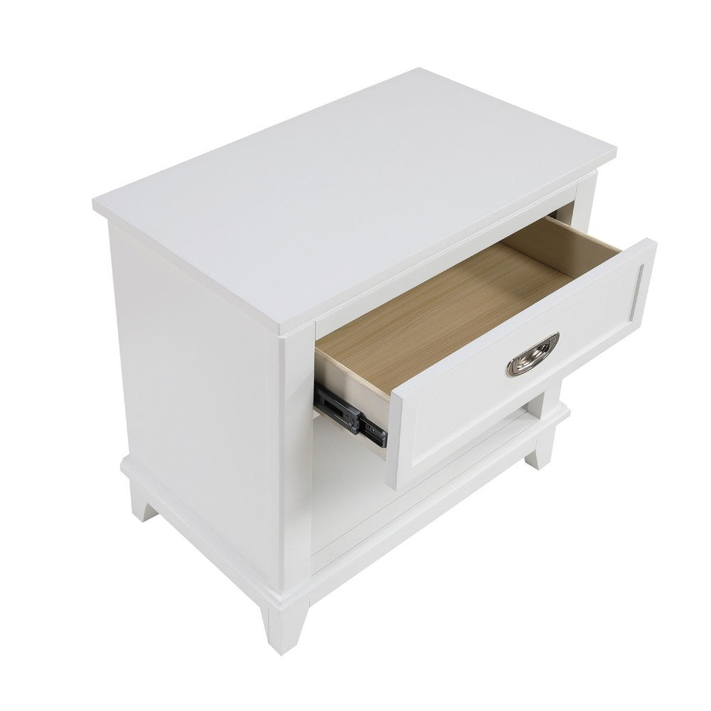 Sely Nightstand, 1 Drawer w Open Cubby, White Wood, Ring Handle -BM336219