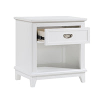 Sely Nightstand, 1 Drawer w Open Cubby, White Wood, Ring Handle -BM336219