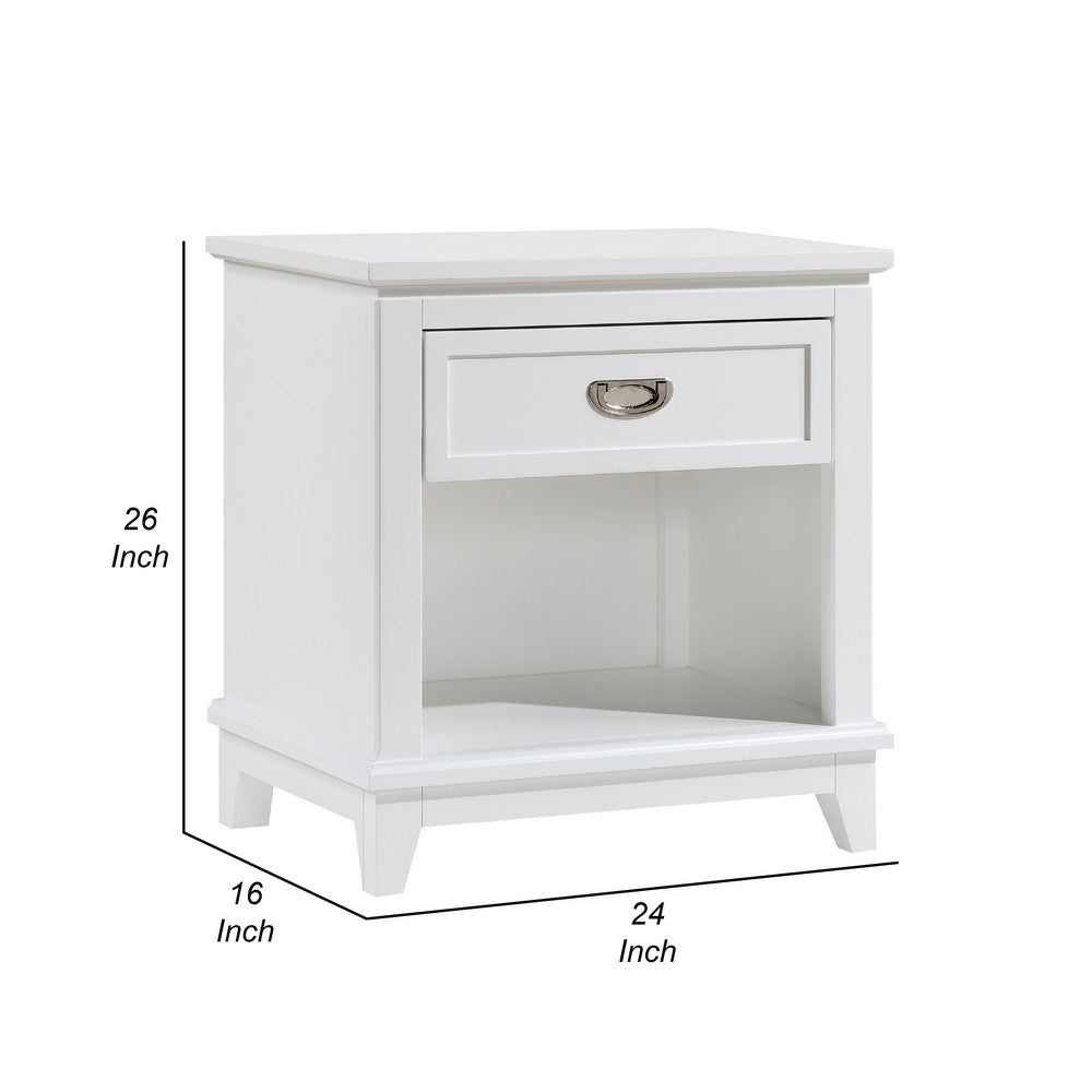 Sely Nightstand, 1 Drawer w Open Cubby, White Wood, Ring Handle -BM336219