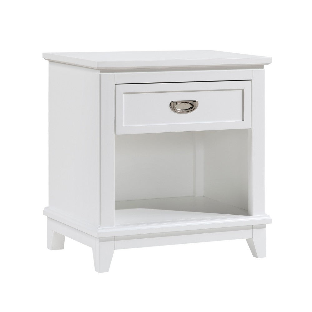 Sely Nightstand, 1 Drawer w Open Cubby, White Wood, Ring Handle -BM336219