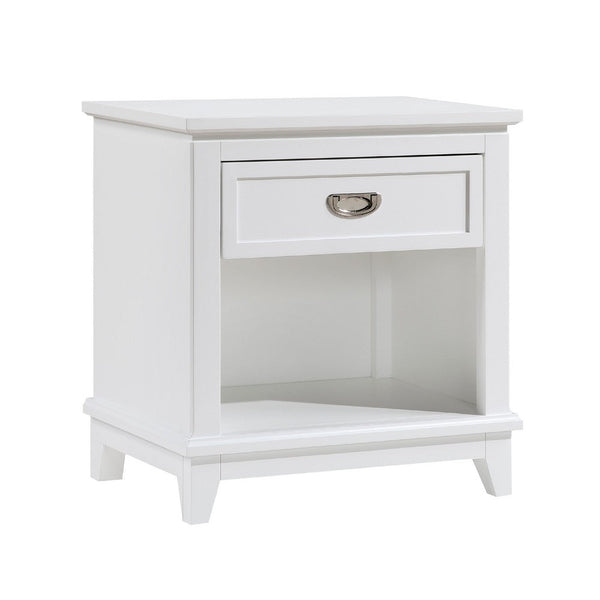 Sely Nightstand, 1 Drawer w Open Cubby, White Wood, Ring Handle -BM336219