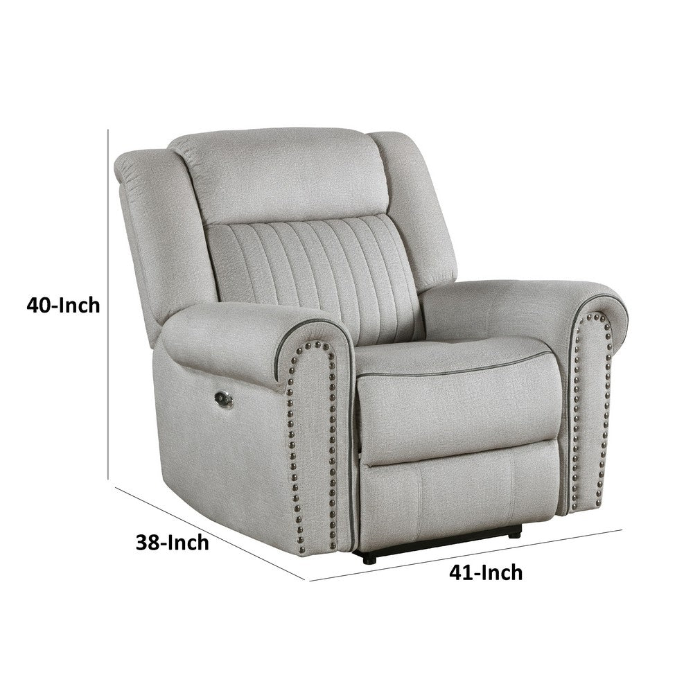Ben Power Reclining Chair, 41 Inch, Gray Microfiber, Nailhead Trims -BM336232