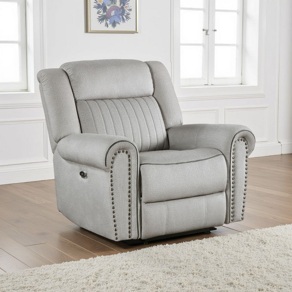 Ben Power Reclining Chair, 41 Inch, Gray Microfiber, Nailhead Trims -BM336232