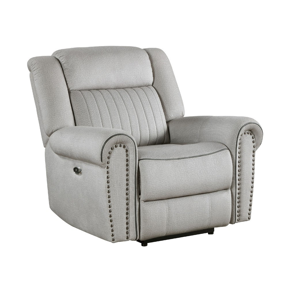 Ben Power Reclining Chair, 41 Inch, Gray Microfiber, Nailhead Trims -BM336232