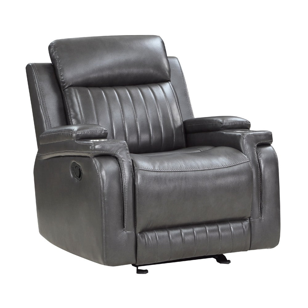 Jolo Manual Recliner Chair w Cupholders, 36 Inch, Gray Faux Leather -BM336272