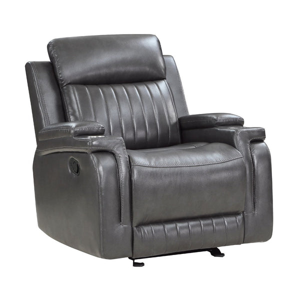Jolo Manual Recliner Chair w Cupholders, 36 Inch, Gray Faux Leather -BM336272