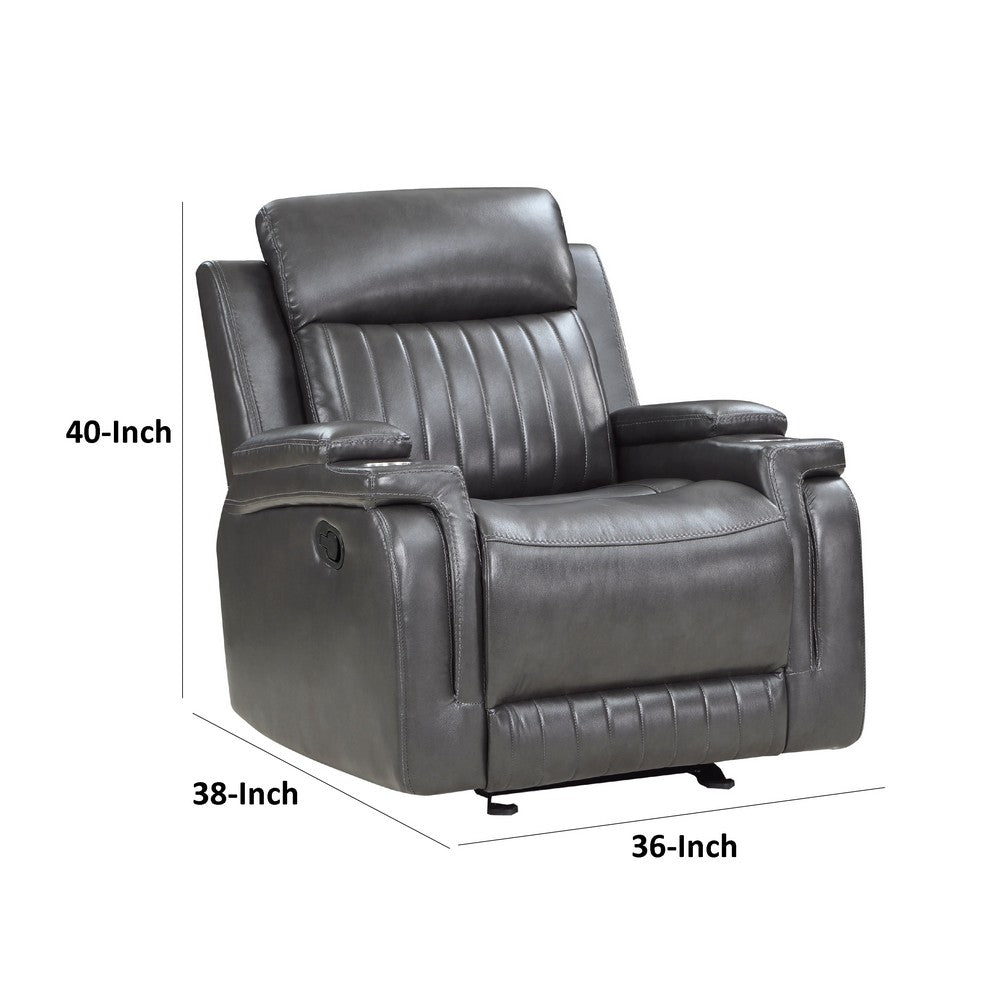 Jolo Manual Recliner Chair w Cupholders, 36 Inch, Gray Faux Leather -BM336272