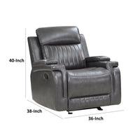 Jolo Manual Recliner Chair w Cupholders, 36 Inch, Gray Faux Leather -BM336272