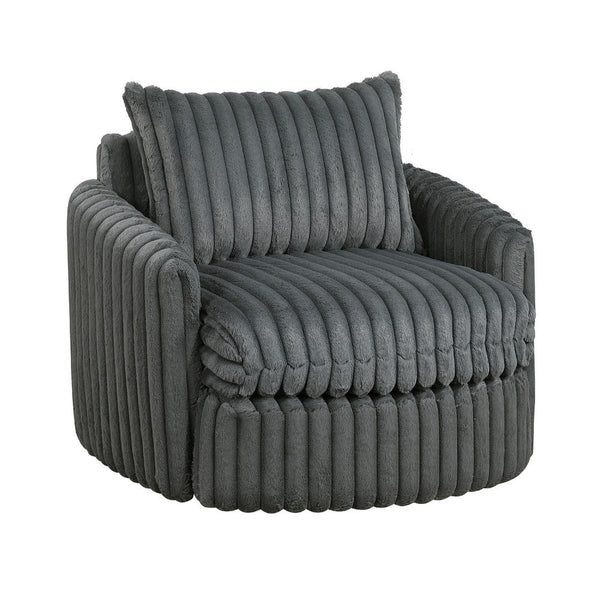 Goro Round Swivel Accent Chair, 39 Inch, Gray Corduroy, Solid Wood -BM336302