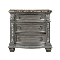 Toga 3 Drawer Nightstand, Gray Acacia Wood Carved Details, 35 Inch -BM336323