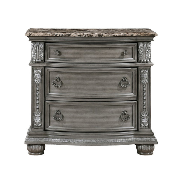 Toga 3 Drawer Nightstand, Gray Acacia Wood Carved Details, 35 Inch -BM336323