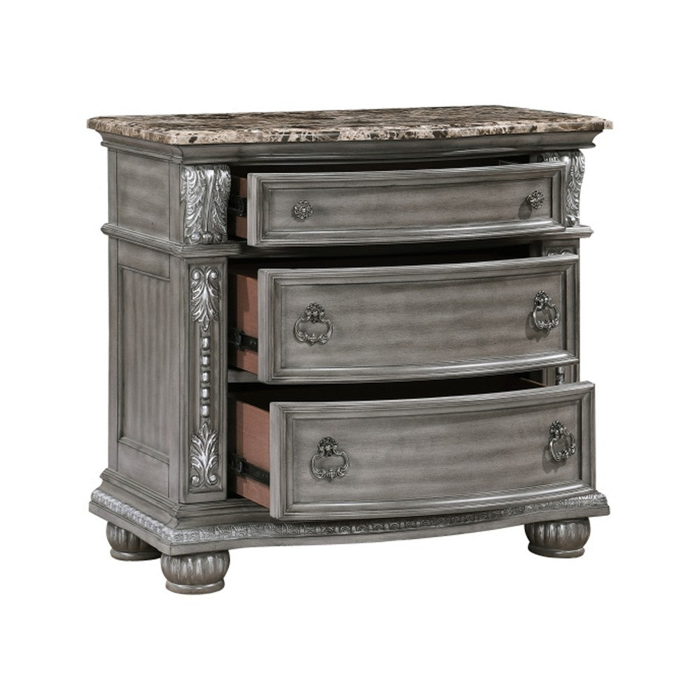 Toga 3 Drawer Nightstand, Gray Acacia Wood Carved Details, 35 Inch -BM336323