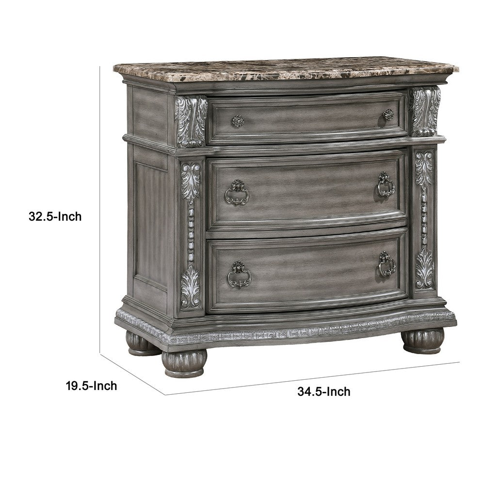 Toga 3 Drawer Nightstand, Gray Acacia Wood Carved Details, 35 Inch -BM336323