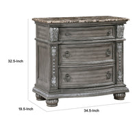 Toga 3 Drawer Nightstand, Gray Acacia Wood Carved Details, 35 Inch -BM336323