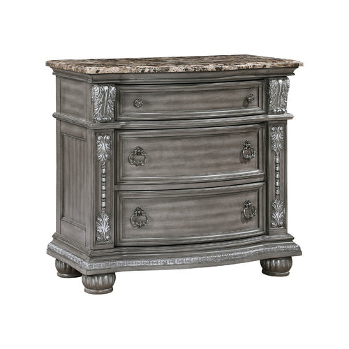 Toga 3 Drawer Nightstand, Gray Acacia Wood Carved Details, 35 Inch -BM336323