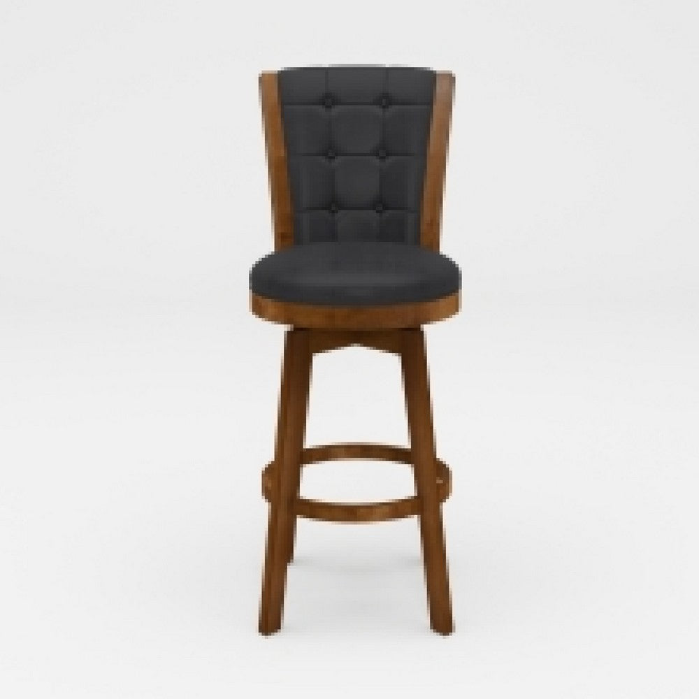 Core Set of 2 Swivel Barstool Chairs, Brown Wood, Black Faux Leather -BM336327